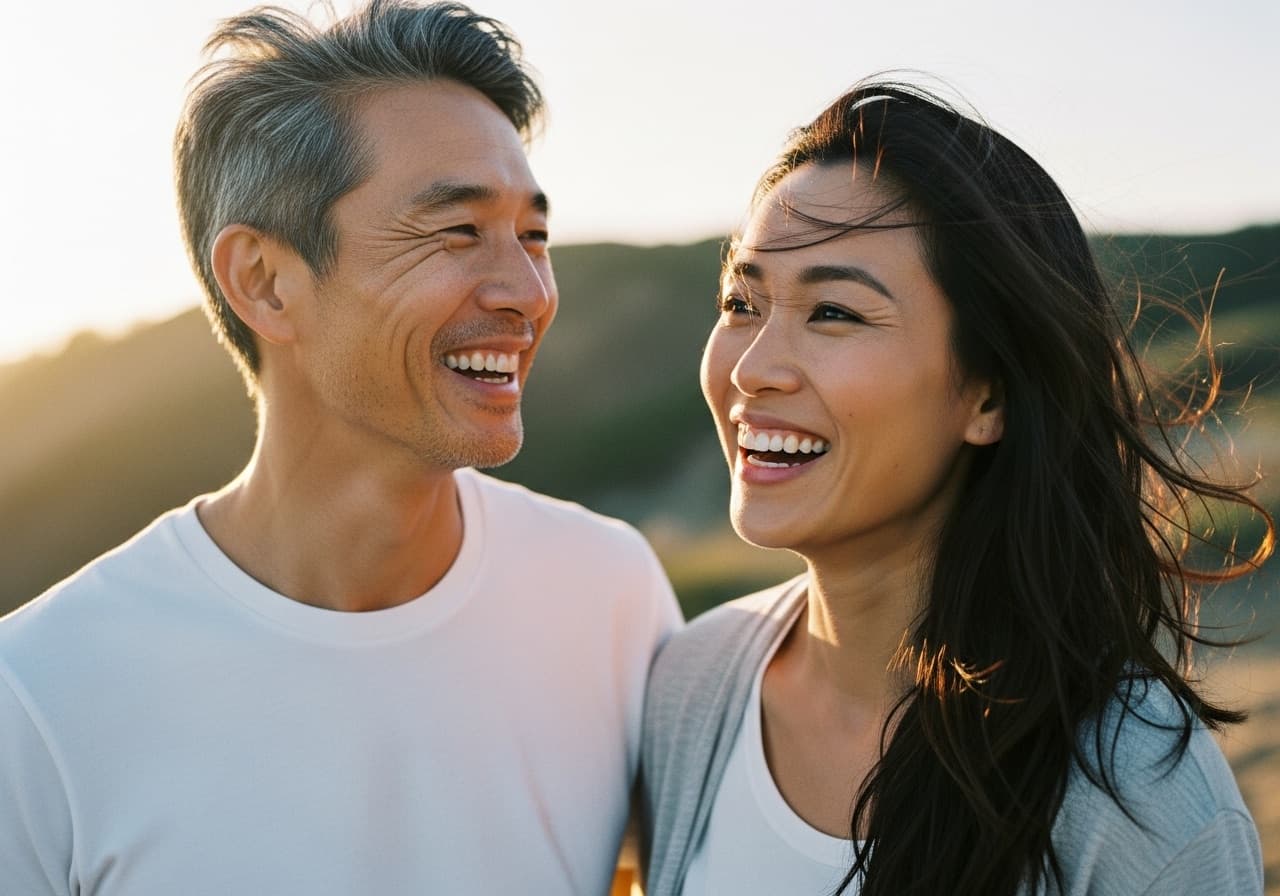 A couple smiling together outdoors at golden hour